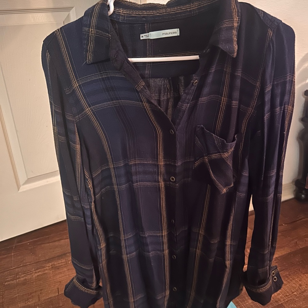 Blue button-down plaid, long sleeve shirt